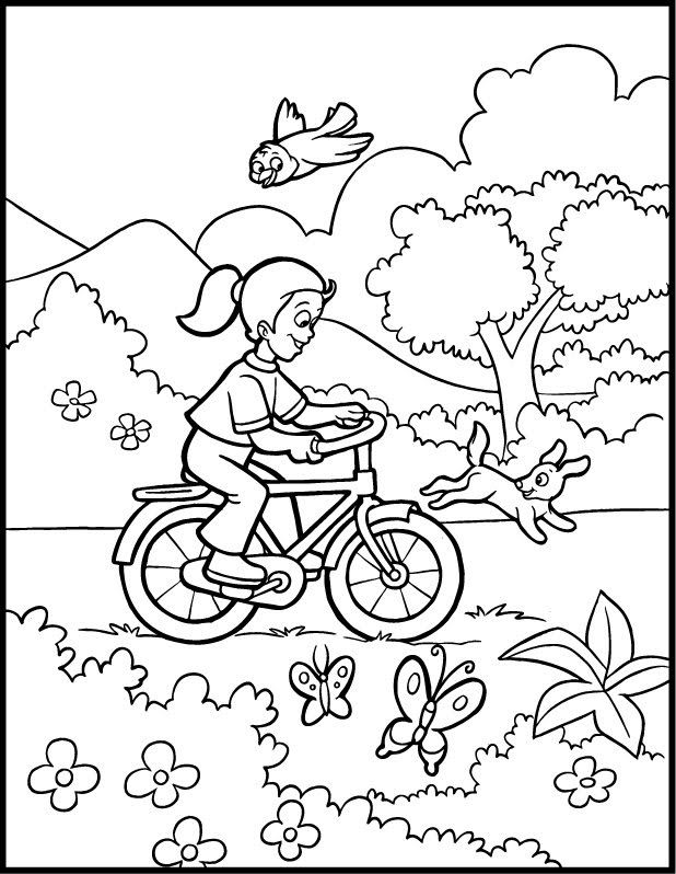 Online coloring book: A girl rides a bike in spring coloring page